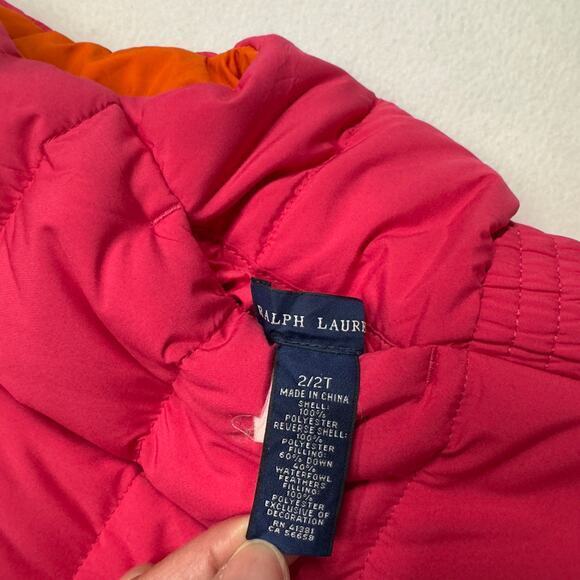 Ralph Lauren Toddler Girls 2T Reversible Down Filled Puffer Vest Pink/Orange - Picture 10 of 12